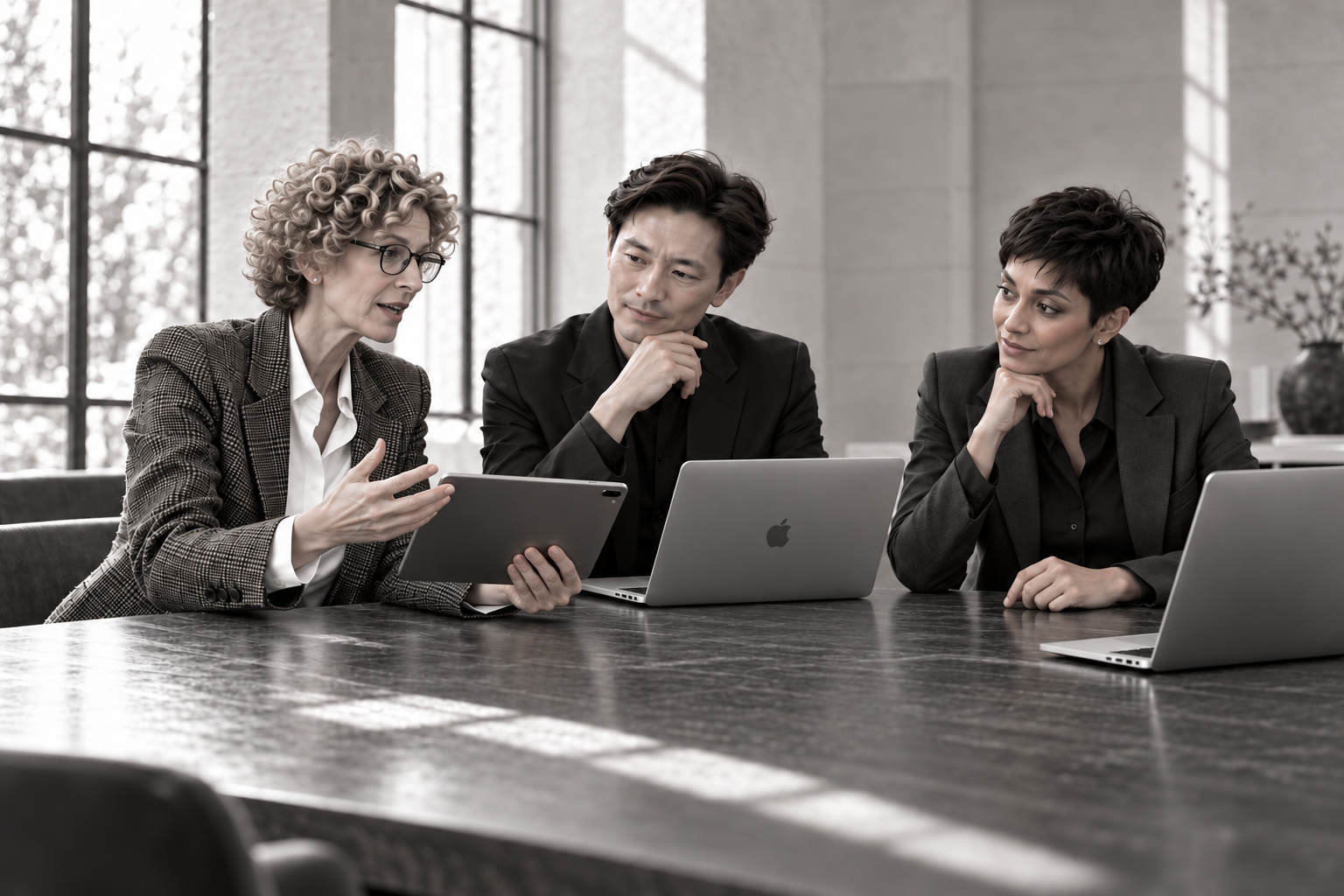 Selected members of the approved collective working together at a desk
