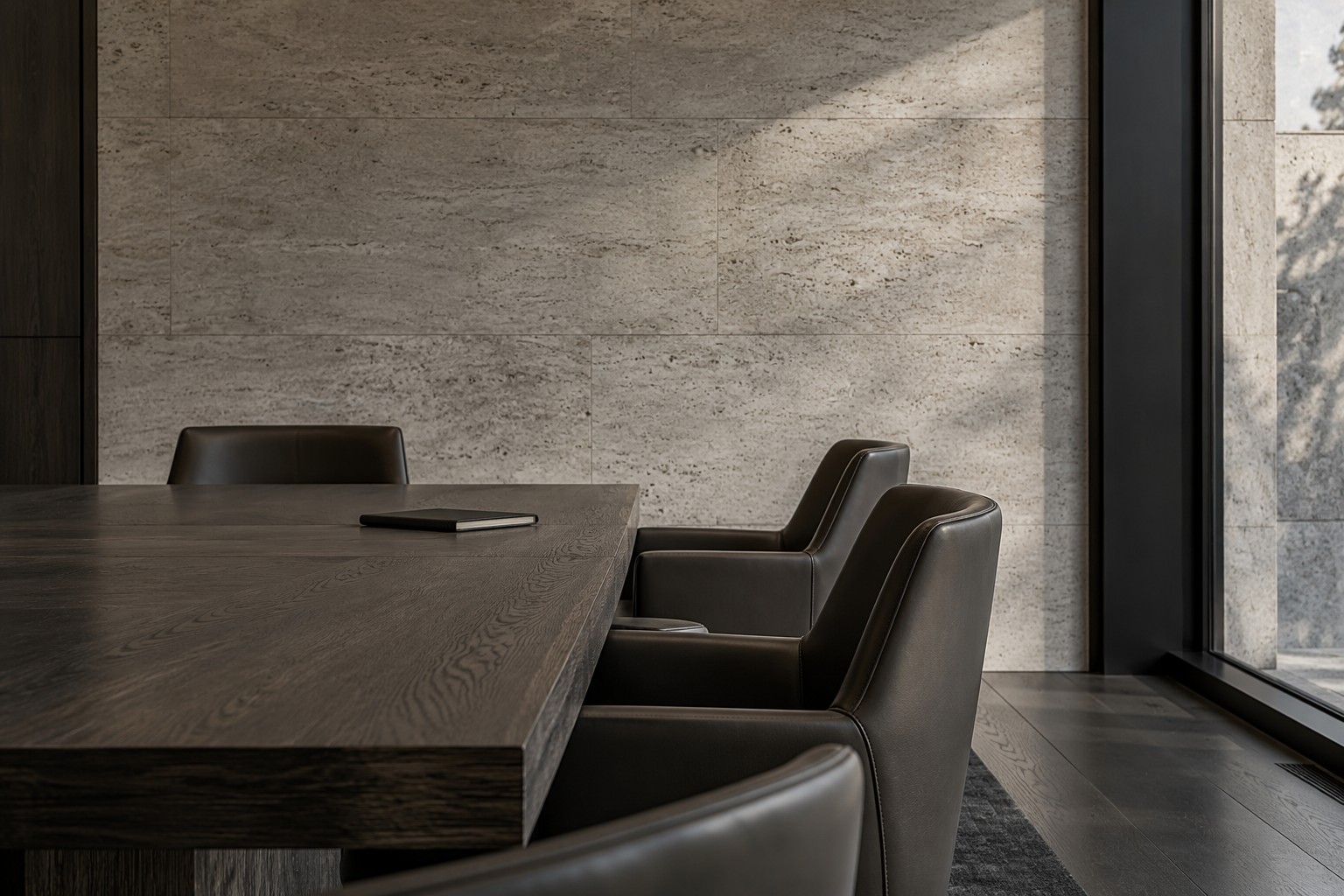 Contemporary boardroom with oak, stone and leather