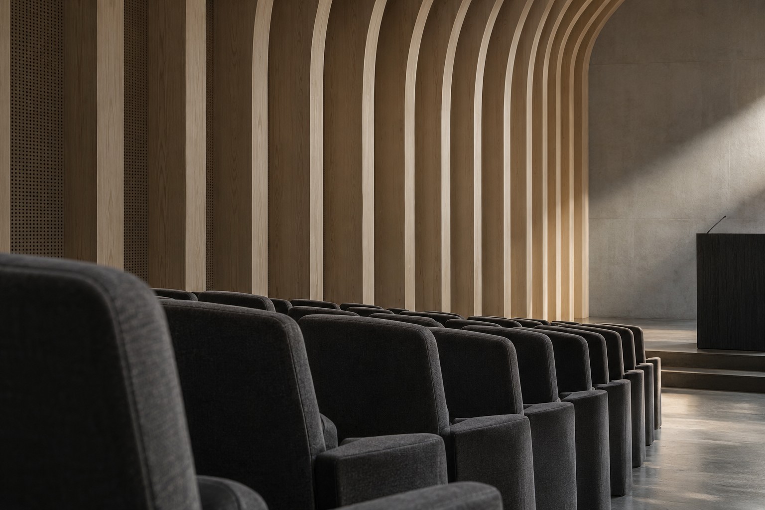 Contemporary conference space with architectural wood and seating