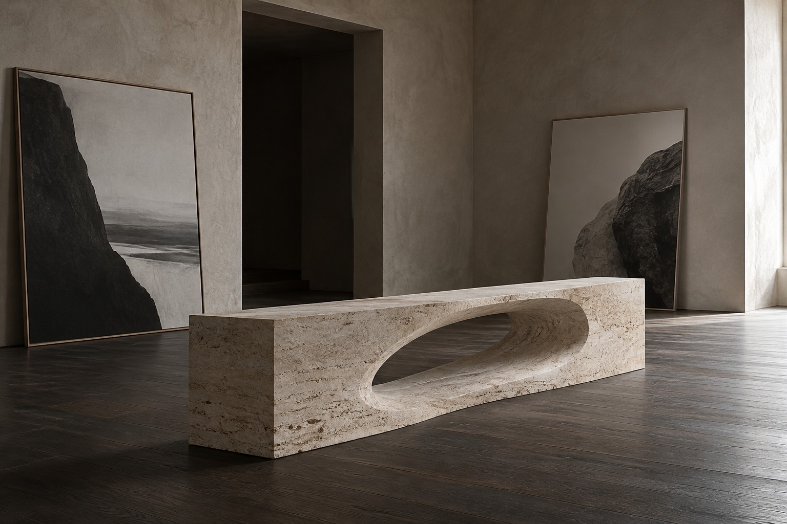 Sculptural stone bench and architectural light