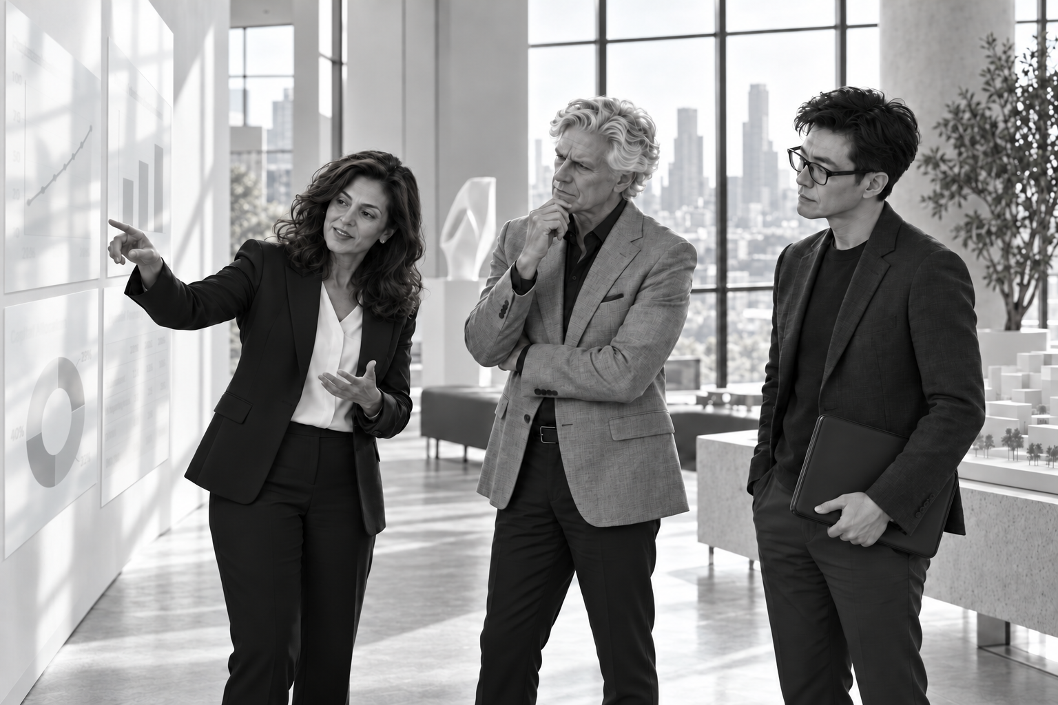 Three members of the collective reviewing illustrative investment charts