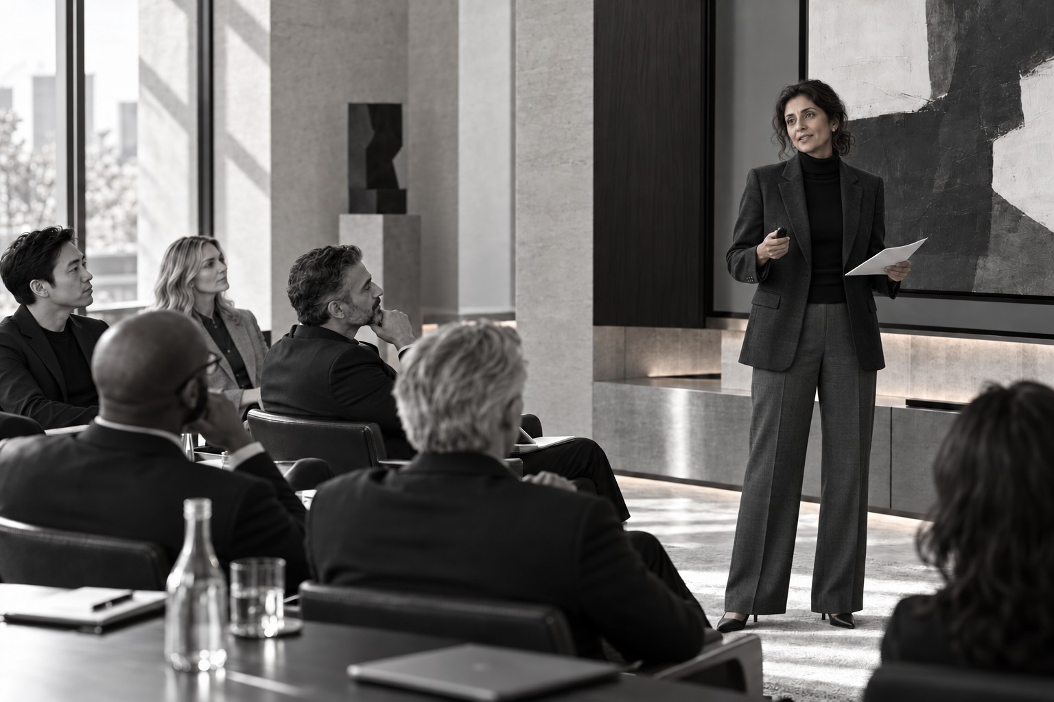 A colleague speaking at a conference with an attentive audience